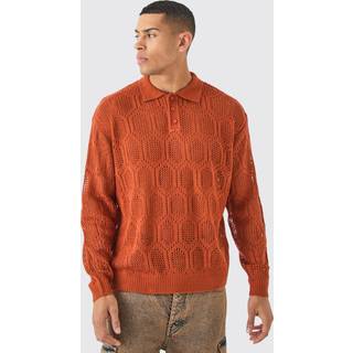 Mens Oversized Long Sleeve Crochet Polo In Rust