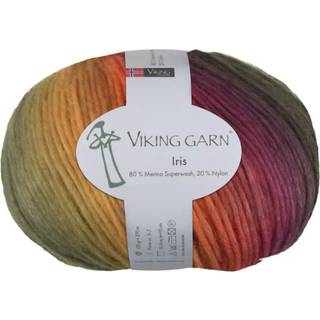 Viking Iris 458 Multi orange/grøn Indhold: 80% Superwash merinould, 20% nylon Vægt/længde: 100 g = 270 meter Anbefalede pinde: 5-7 mm Strikkefasthed: 10 x 10 cm = 15-16 m Vask: Max 30°C / Tørres fladt.