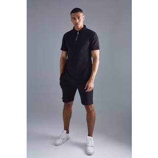 Mens Black Slim Fit Waffle Polo & Short Set