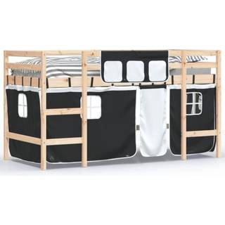 Højseng Med Gardiner 90X190 Cm Massivt Fyrretræ Blå - Naturfarvet og sort / 90 x 200 cm