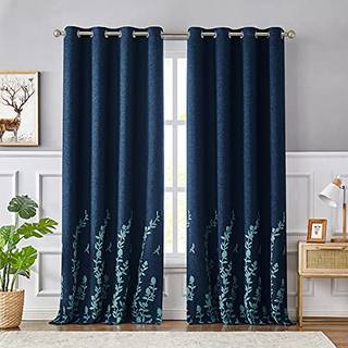 Melodieux Flower Embroidery Linnedstrukturerede blackout -gardiner til stue Sovev?relse Silver Grommet Vindue Drape Navy/Blue 52 x 84 tommer (1 p