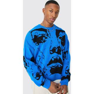 Mens Blue Oversized Boxy Drop Shoulder Face Jacquard Knit Jumper