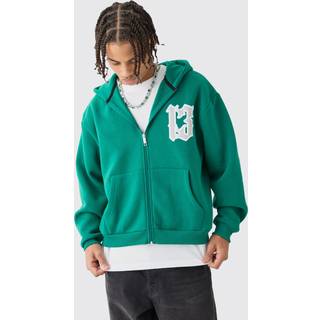 Mens Dark Green Oversized Boxy Zip Through 13 Graphic Hoodie