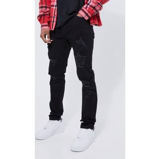 Mens True Black Skinny Stretch All Over Rip Jeans