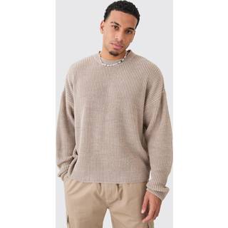 Mens Stone Boxy Crew Neck Ribbed Knitted Jumper