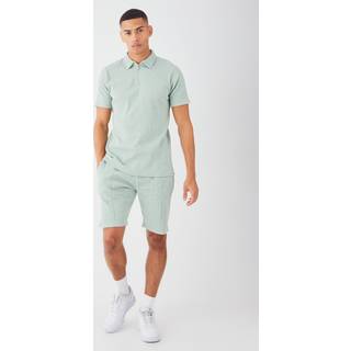 Mens Sage Slim Fit Waffle Polo & Short Set