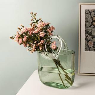 Glasvase med elegant pungdesign h?ndpung vase med fiskesk?l unik blomstervase med h?ndtag og bobler - til boligindretning/kontor/have/bryllupsind