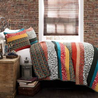 Frodig indretning Boho Stripe Reversible Cotton Quilt 3 -delt sæt King Turquoise & Tangerine - Fed farverig bohemsk sengetøj sæt