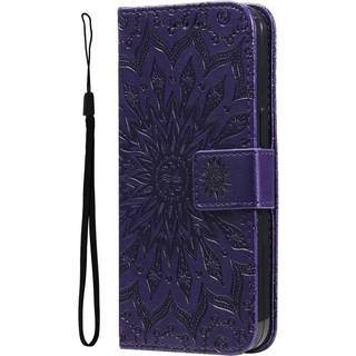 iPhone 15 Plus Læder Cover m. Pung og Strop - Mandala Blomst - Lilla