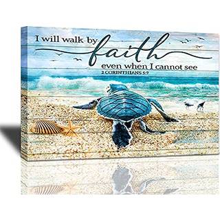 TOURREST Skrift Holy Bible Wall Art Teal Sea Turtle Walk By Faith Canvas Print Inspirerende citat indrammet Blue Ocean Beach Coast Scenery Poster