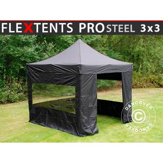 Foldetelt FleXtents Easy up pavillon PRO Steel 3x3m Sort, inkl. 4 sider