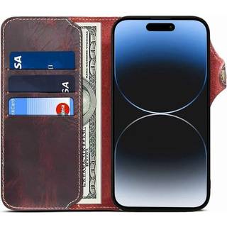Wallet 3-kort ægte læder Apple iPhone 15 Plus - Oxeblod