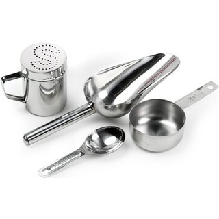 Olde Midway rostfritt stål Popcorn Machine -tillbehör - 4 -stycken uppsättning med mätskedar skopa och salt shaker