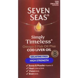 Seven Seas Simply Timeless Omega-3 fiskeolie plus torskeleverolie høj styrke, gelatinefri, med D-vitamin, 120 én om dagen...