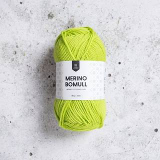 Järbo Merino Bomull 12 Acid lime Indhold:50% merinould, 50% bomuld Vægt/længde: 50 g = ca. 121 meter Anbefalede pinde: 4 mm Strikkefasthed: 10 x 10 cm = 22 m x 28 p Anbefalet hæklenål: 4mm Hæklefasthed: 16 fm x 20 r Vask: Finvask 30ºC.