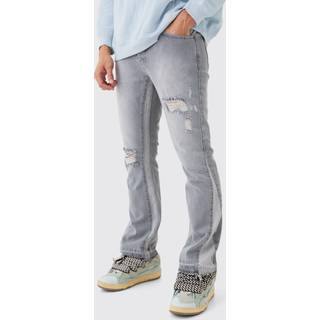 Mens Light Grey Slim Flare Distressed Gusset Panel Jeans