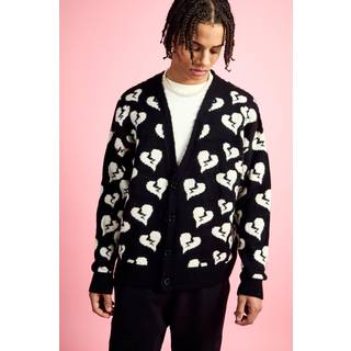 Mens Black Oversized Fit Cardigan With All Over Print