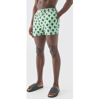 Mens Green Short Length Geometric Swim Short