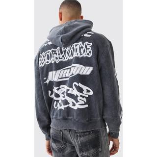Mens Black Oversized Boxy Puff Print Acid Wash Hoodie
