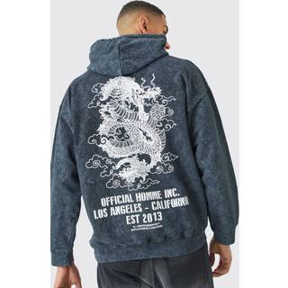 Mens Black Oversized Acid Wash Dragon Graphic Hoodie