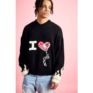 Mens Black Boxy Drop Shoulder V Neck Graphic Jumper