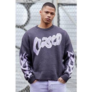Mens Charcoal Oversized Boxy Brushed Graphic Knitted Jumper