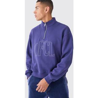 Mens Dark Blue Oversized Boxy 1/4 Zip Chain Stitch Offcl Embroidered Hoodie