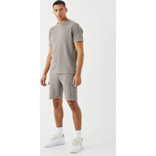 Mens Taupe Slim Waffle T-shirt & Cargo Short Set