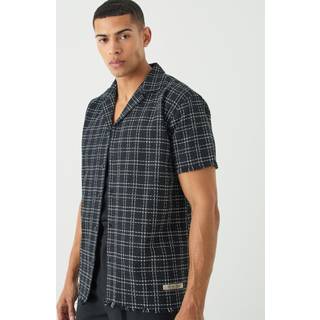 Mens Black Oversized Raw Hem Boucle Shirt