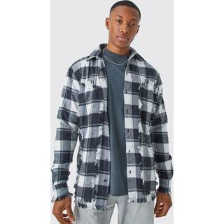 Mens Black Oversized Distressed Panel Check Shirt