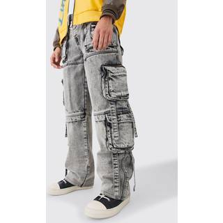 Mens Charcoal Baggy Rigid Multi Cargo Pocket Strap Detail Acid Wash Jeans