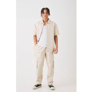Mens Beige Short Sleeve Drop Shoulder Pu Overshirt & Cargo Trouser Set