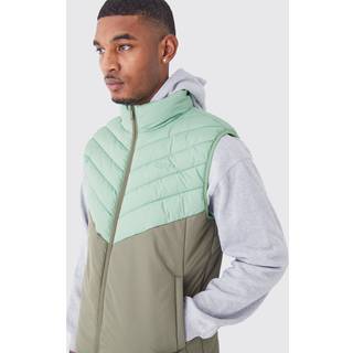 Mens Khaki Tall Man Colour Block Quilted Funnel Neck Gilet