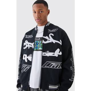 Mens Black Oversized Boxy Applique Jersey Bomber Jacket