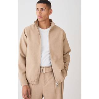 Mens Taupe Textured Zip Up Smart Jacket