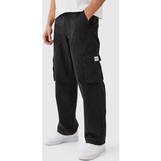 Mens Black Relaxed Fit Fixed Waist Woven Tab Cargo Trousers