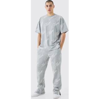 Mens Grey Marl Regular Fit Man Script All Over Print Split Hem T-shirt & Jogger