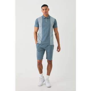 Mens Navy Regular Fit Dogtooth Jacquard Panel Polo & Short Set