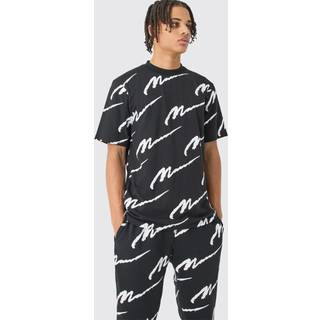 Mens Black Man Signature All Over Print Tshirt & Jogger Set