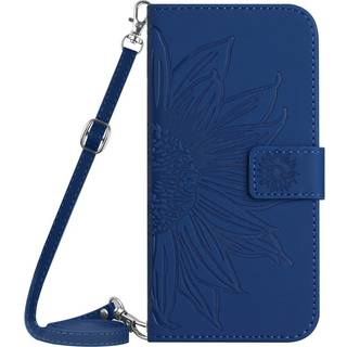 iPhone 15 Læder Flip Cover m. Pung & Strop - Solsikke Indgravering - Blå