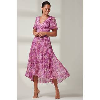 Jolie Moi Jolie Moi Purple Floral Pleated Dip Hem Chiffon Maxi Dress