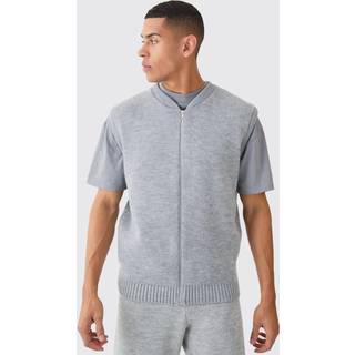 Mens Light Grey Sleeveless Knitted Zip Through Bomber Jacket