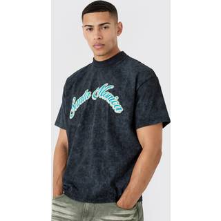 Mens Black Boxy Extended Neck Santa Monica Acid Wash T-shirt