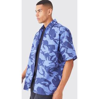 Mens Blue Oversized Boxy Ripstop Zip Through Camo Shirt
