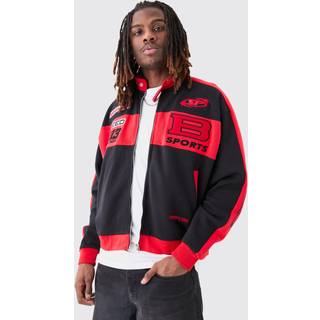 Mens Oversized Boxy Moto Embroidered Jersey Jacket - Red