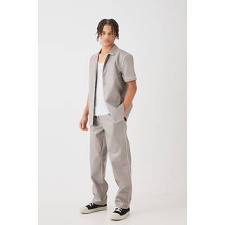 Mens Grey Short Sleeve Revere Piped Pu Shirt & Trouser Set