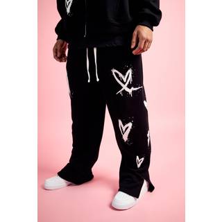 Mens Black Relaxed Split Hem Heart Jogger
