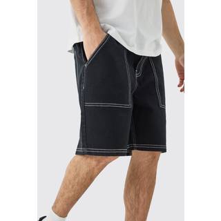 Mens True Black Relaxed Rigid Contrast Stitch Denim Short