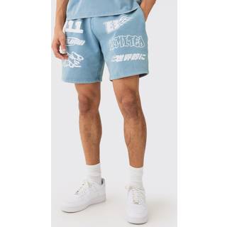 Mens Slate Blue Relaxed Moto Puff Print Washed Shorts