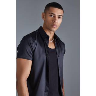 Mens Black Short Sleeve Muscle Satin Shirt
